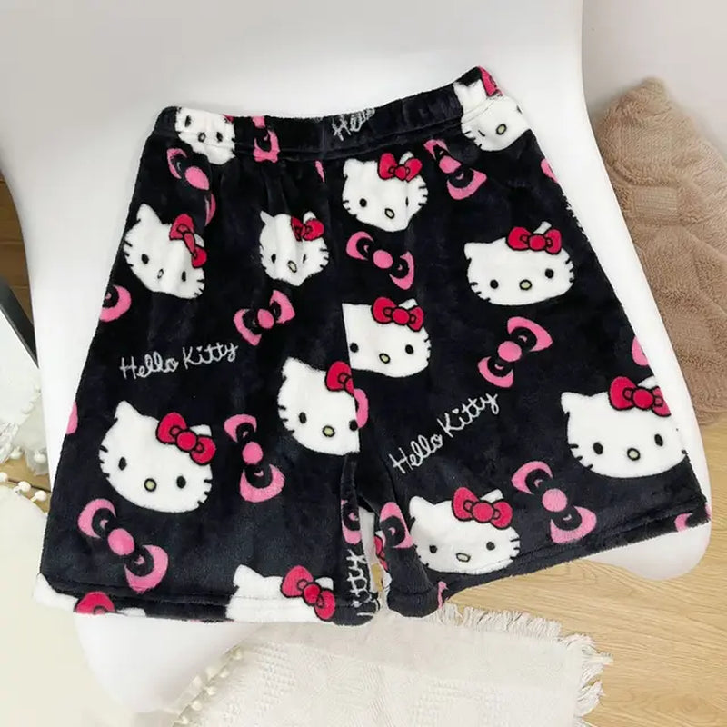 Sanrio Hello Kitty Anime Y2K Kawaii Flannel Pajamas Women'S Warm Woolen Cartoon Casual Home Pants Autumn Winter Fashion Trousers