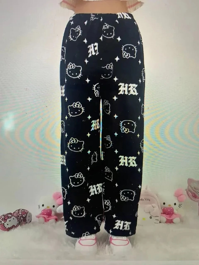 Sanrio Hello Kitty Anime Y2K Kawaii Flannel Pajamas Women'S Warm Woolen Cartoon Casual Home Pants Autumn Winter Fashion Trousers