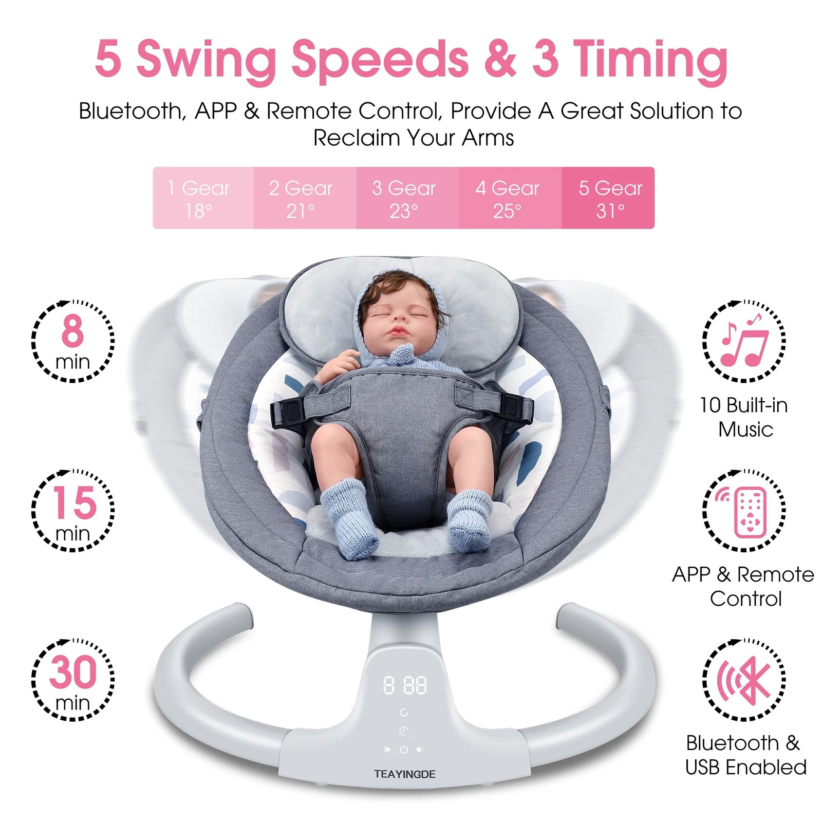 Baby Swing for Infants - APP Remote Bluetooth Control, 5 Speed Settings, 10 Lullabies, USB Plug (Blue)