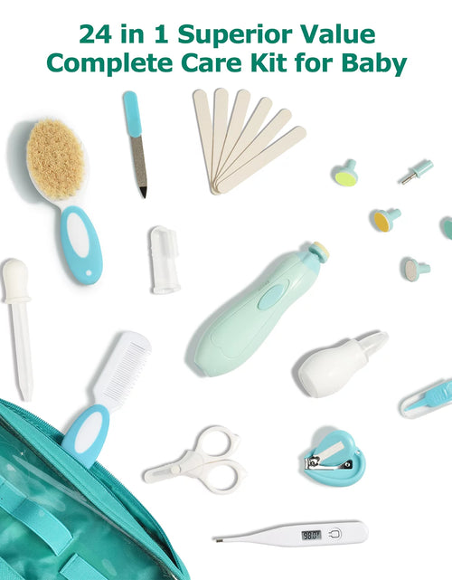 Load image into Gallery viewer, 24 in 1 Baby Healthcare and Grooming Kit, Baby Nursery Kit Baby Electric Nail Trimmer Set, Nursery Care Kit Green
