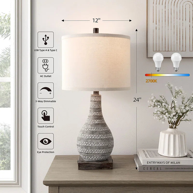 Aphsana 24 Inch Farmhouse Touch Control Table Lamp Set with USB & Type C Port