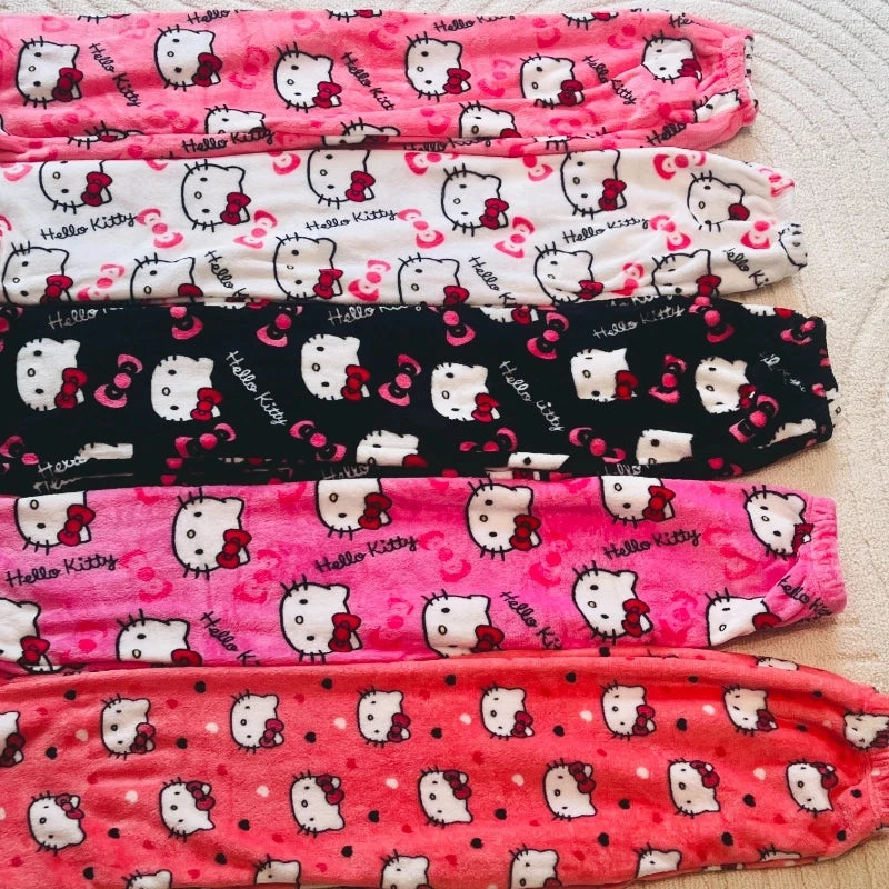 Sanrio Hello Kitty Anime Y2K Kawaii Flannel Pajamas Women'S Warm Woolen Cartoon Casual Home Pants Autumn Winter Fashion Trousers